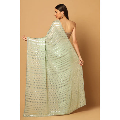 "Two Sisters" by Gyans Green Georgette Embroidered Pre-draped Saree with Unstitched Blouse