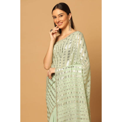 "Two Sisters" by Gyans Green Georgette Embroidered Pre-draped Saree with Unstitched Blouse