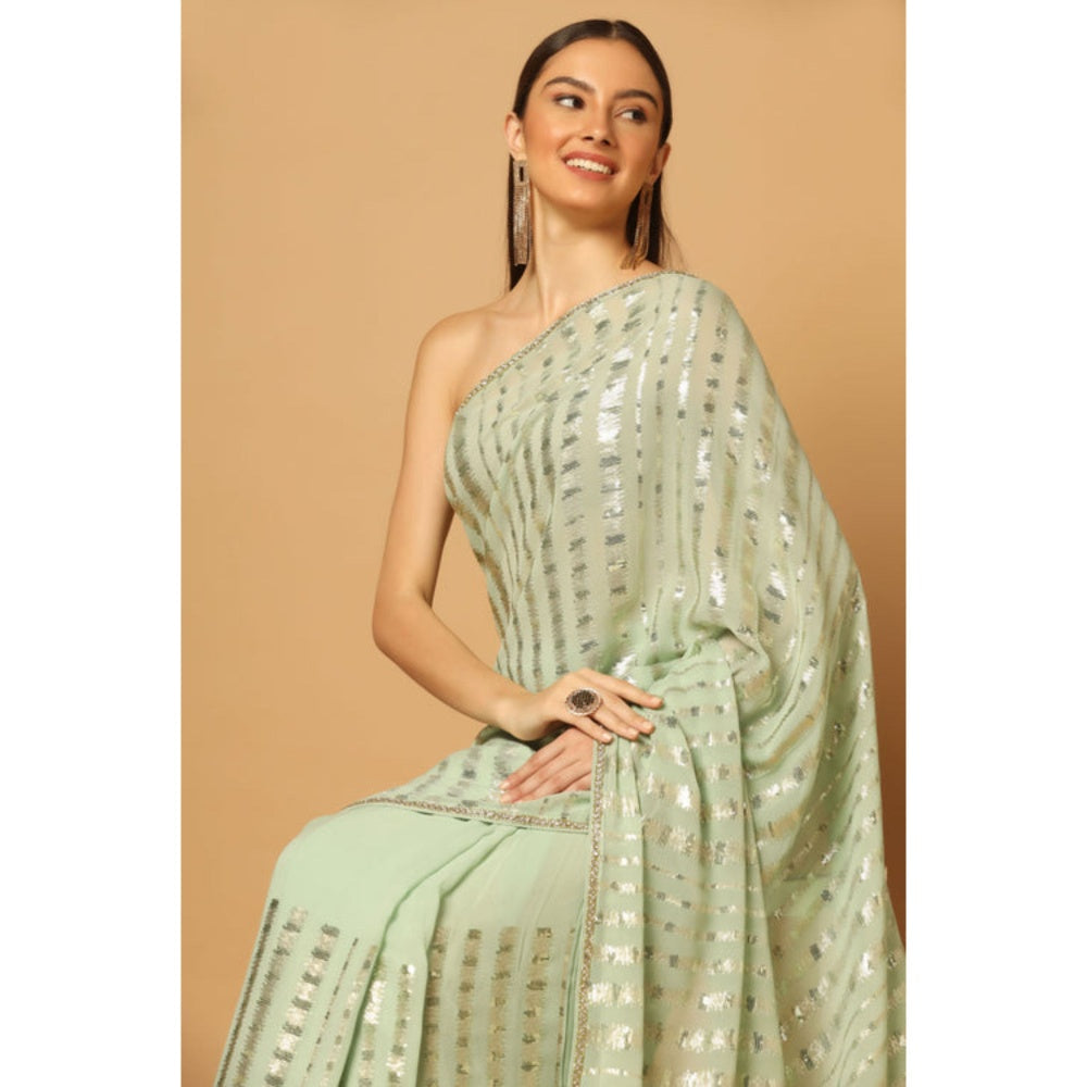 "Two Sisters" by Gyans Green Georgette Embroidered Pre-draped Saree with Unstitched Blouse