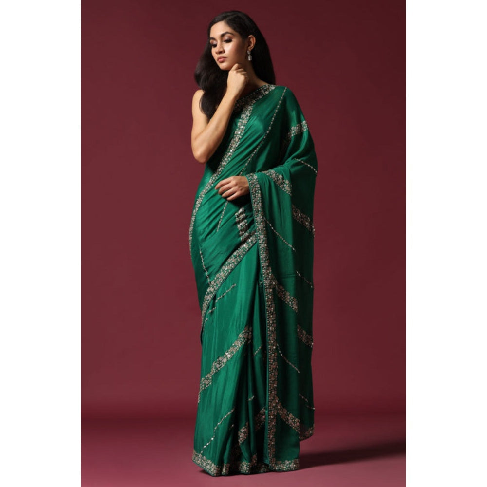 "Two Sisters" by Gyans Green Embroidered and Embellished Saree with Unstitched Blouse