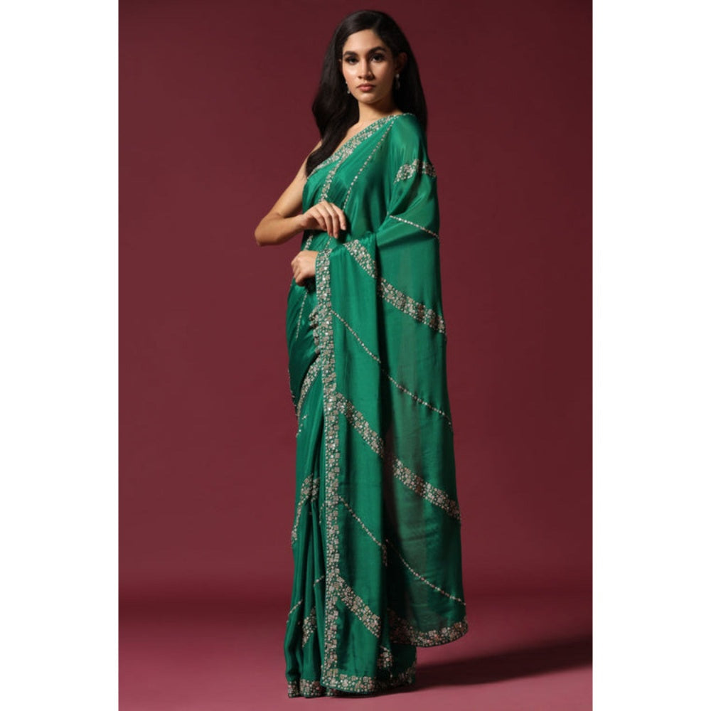 "Two Sisters" by Gyans Green Embroidered and Embellished Saree with Unstitched Blouse