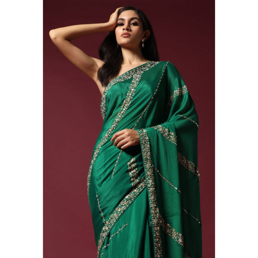 "Two Sisters" by Gyans Green Embroidered and Embellished Saree with Unstitched Blouse