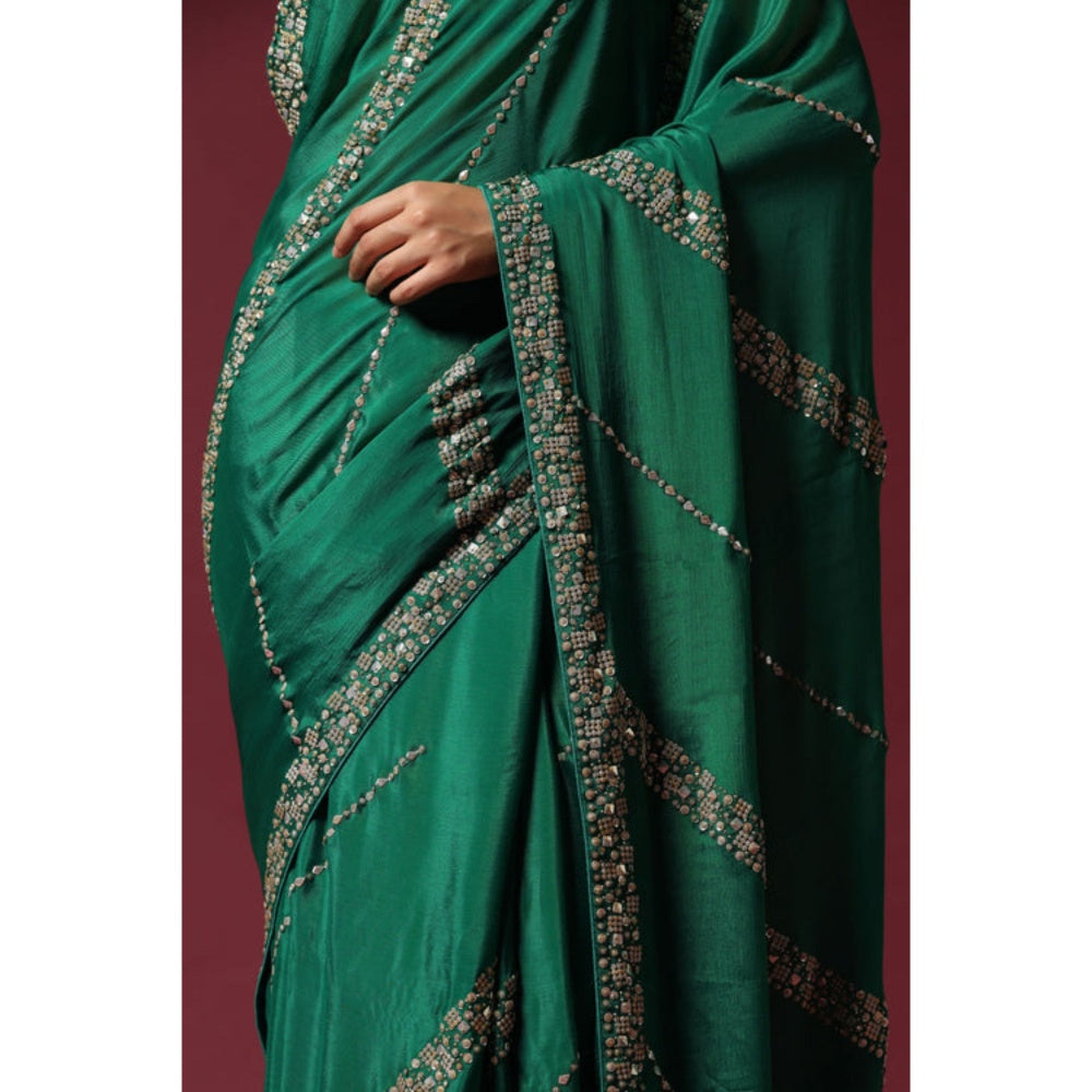 "Two Sisters" by Gyans Green Embroidered and Embellished Saree with Unstitched Blouse
