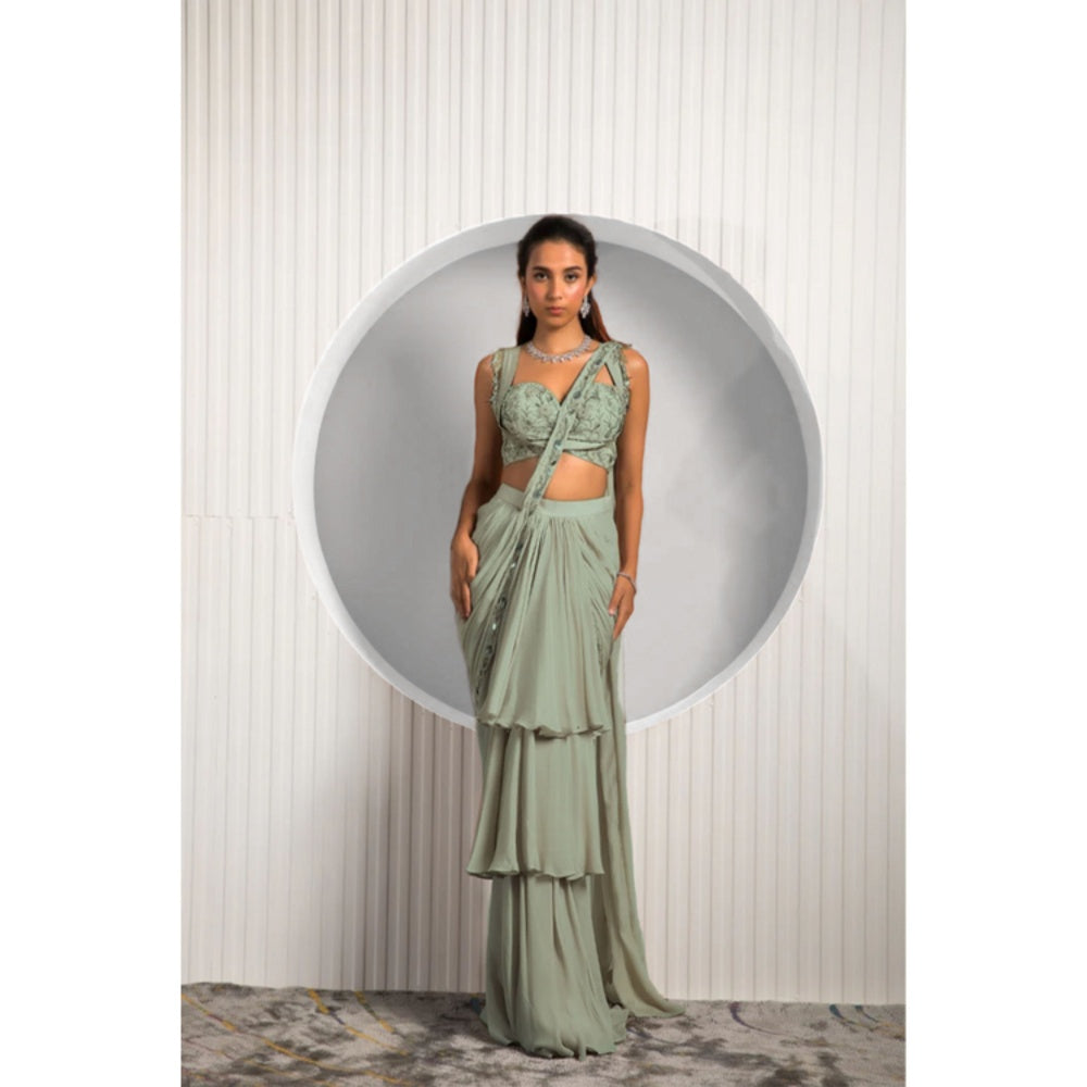 "Two Sisters" by Gyans Green Georgette Embroidered Pre-draped Saree with Stitched Blouse