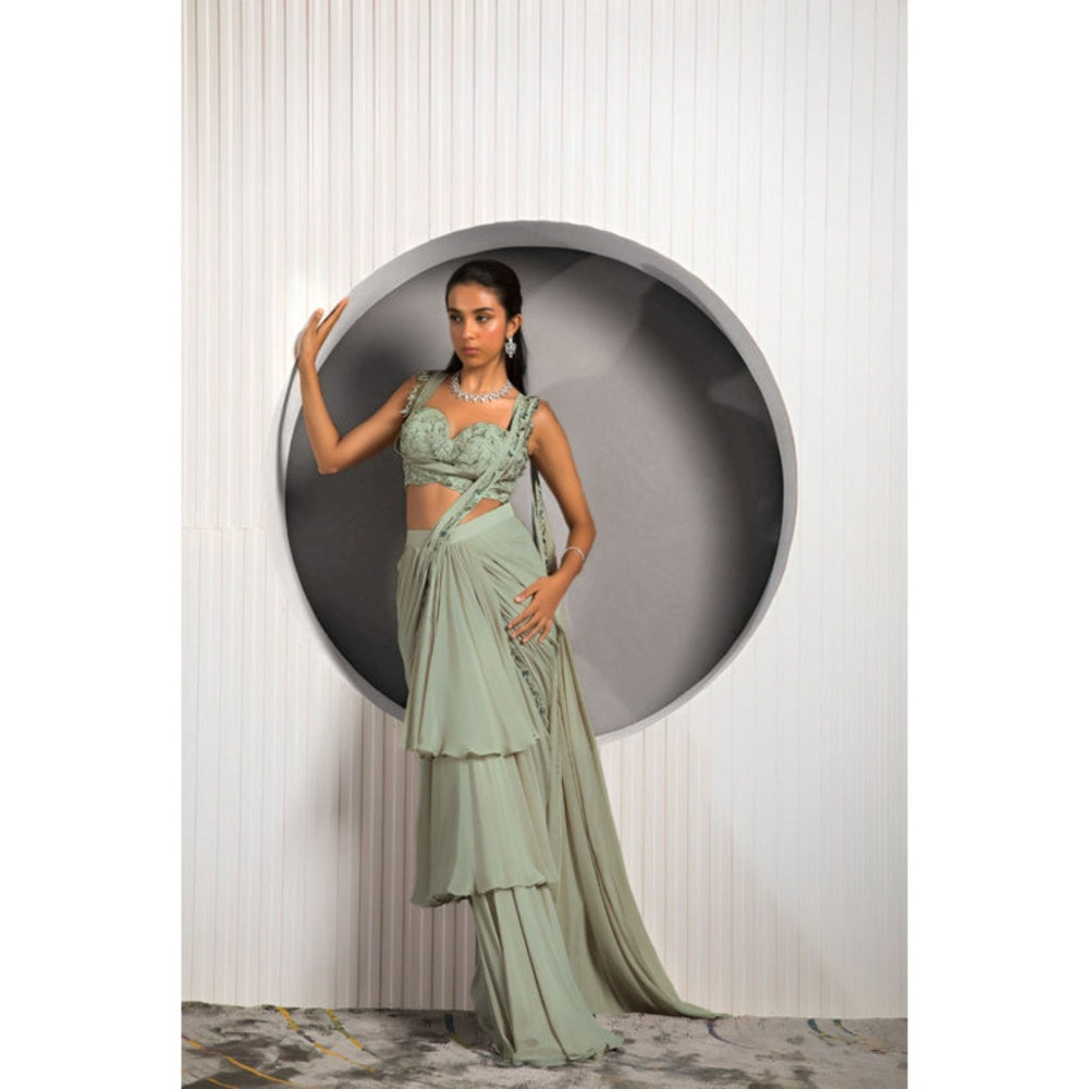 "Two Sisters" by Gyans Green Georgette Embroidered Pre-draped Saree with Stitched Blouse