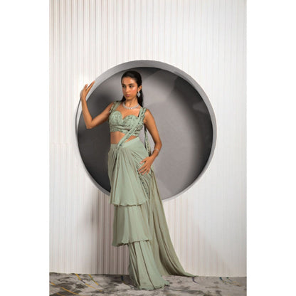 "Two Sisters" by Gyans Green Georgette Embroidered Pre-draped Saree with Stitched Blouse