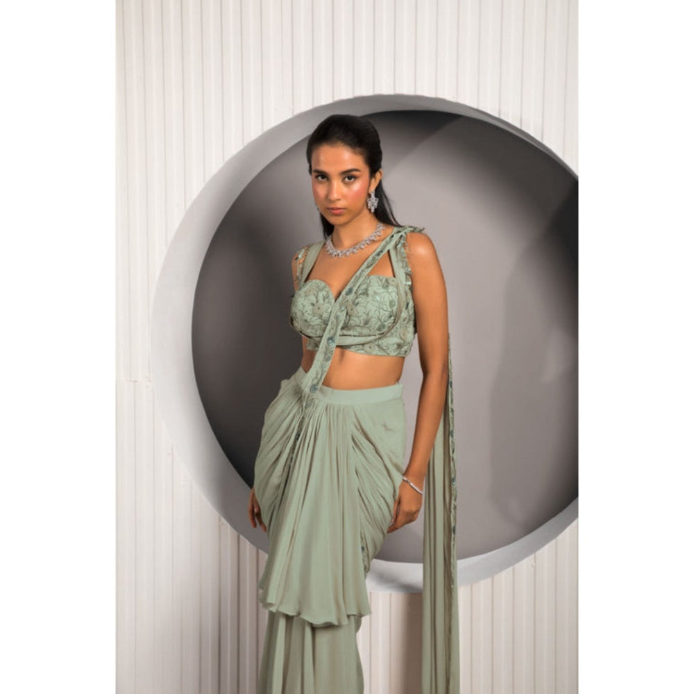 "Two Sisters" by Gyans Green Georgette Embroidered Pre-draped Saree with Stitched Blouse