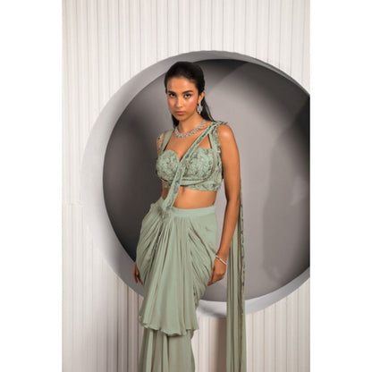 "Two Sisters" by Gyans Green Georgette Embroidered Pre-draped Saree with Stitched Blouse