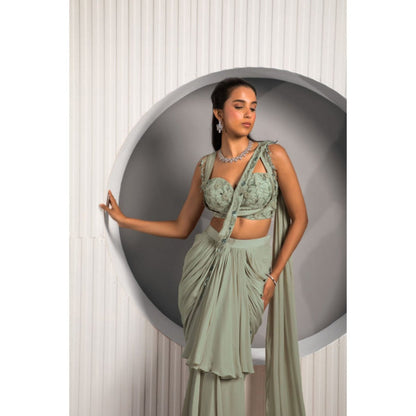"Two Sisters" by Gyans Green Georgette Embroidered Pre-draped Saree with Stitched Blouse