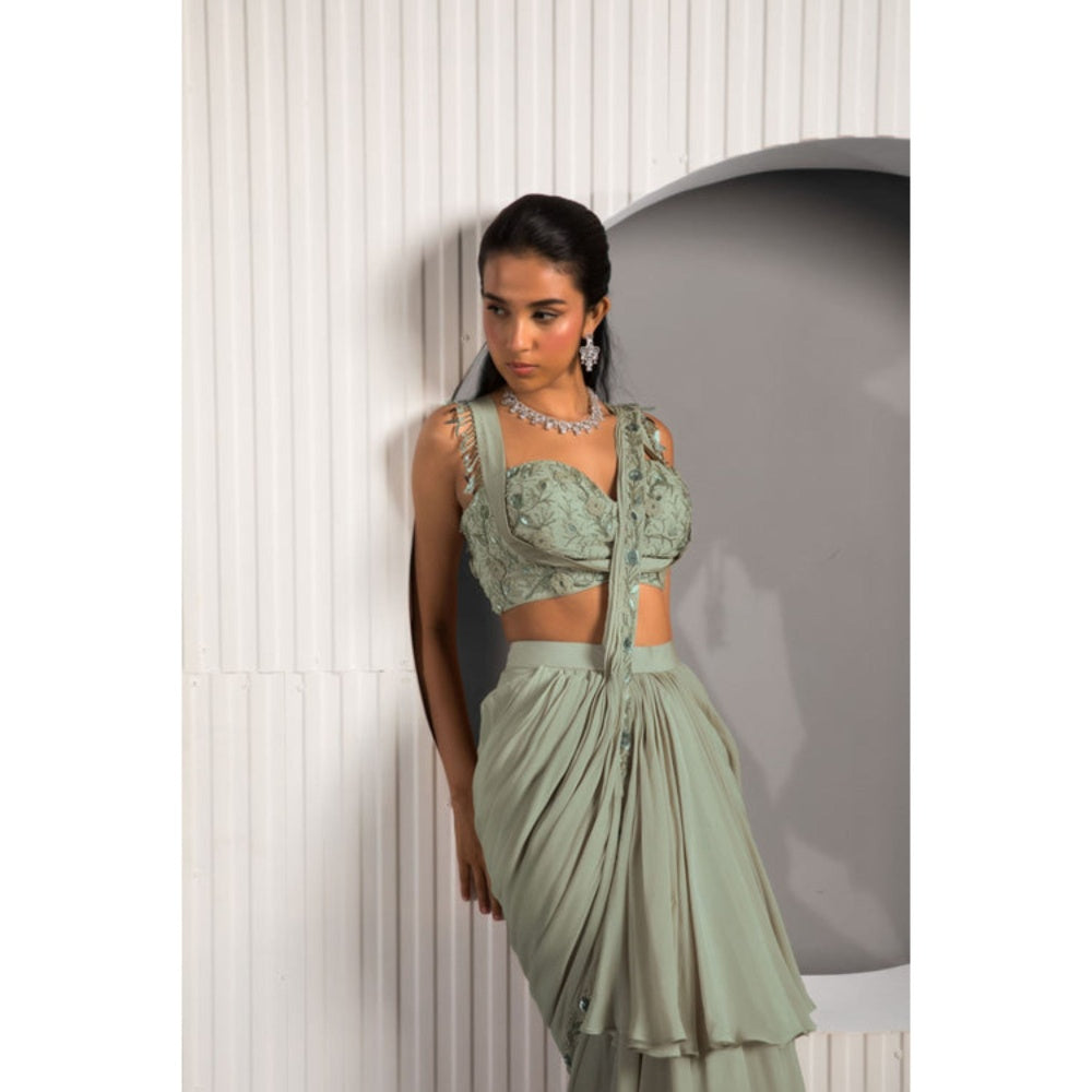"Two Sisters" by Gyans Green Georgette Embroidered Pre-draped Saree with Stitched Blouse