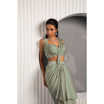 "Two Sisters" by Gyans Green Georgette Embroidered Pre-draped Saree with Stitched Blouse