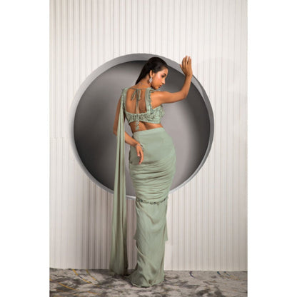 "Two Sisters" by Gyans Green Georgette Embroidered Pre-draped Saree with Stitched Blouse
