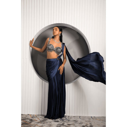 "Two Sisters" by Gyans Navy Blue Satin Embellished Pre-draped Saree with Stitched Blouse