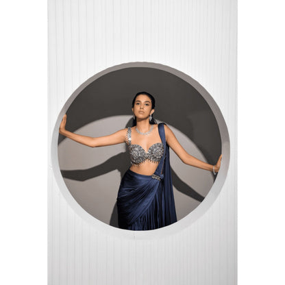 "Two Sisters" by Gyans Navy Blue Satin Embellished Pre-draped Saree with Stitched Blouse