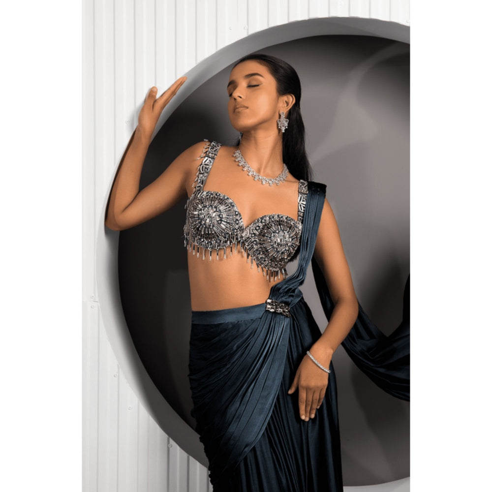 "Two Sisters" by Gyans Navy Blue Satin Embellished Pre-draped Saree with Stitched Blouse