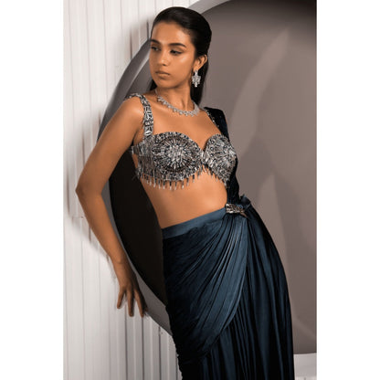 "Two Sisters" by Gyans Navy Blue Satin Embellished Pre-draped Saree with Stitched Blouse