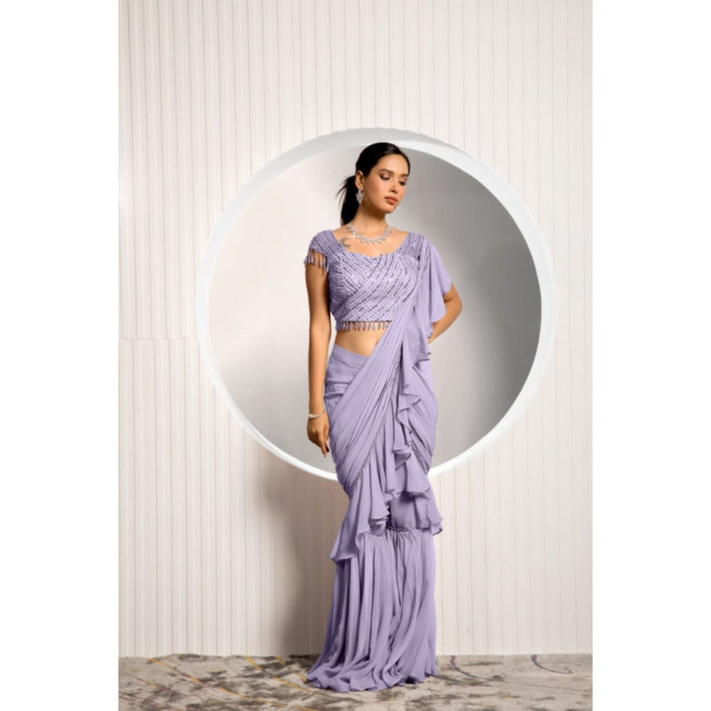 "Two Sisters" by Gyans Purple Georgette Embellished Pre-draped Saree with Stitched Blouse