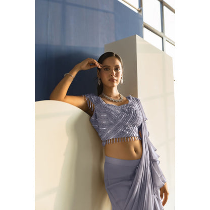 "Two Sisters" by Gyans Purple Georgette Embellished Pre-draped Saree with Stitched Blouse