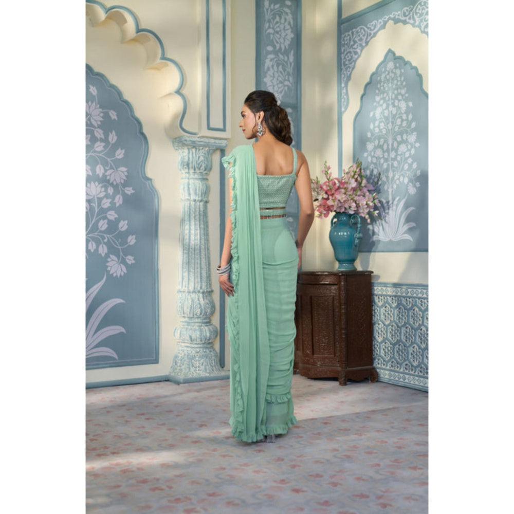 "Two Sisters" by Gyans Pale Green Georgette Draped Saree with Stitched Blouse with Belt