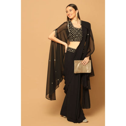 "Two Sisters" by Gyans Black Draped Saree with Stitched Blouse with Cape