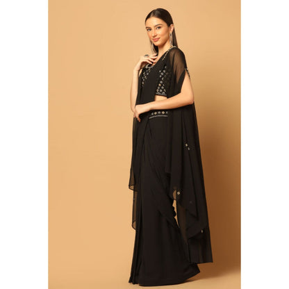 "Two Sisters" by Gyans Black Draped Saree with Stitched Blouse with Cape