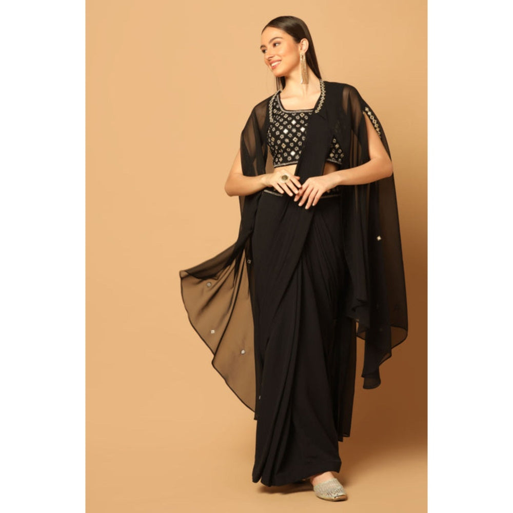 "Two Sisters" by Gyans Black Draped Saree with Stitched Blouse with Cape