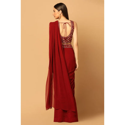 "Two Sisters" by Gyans Maroon Draped Saree with Stitched Blouse with a Cape