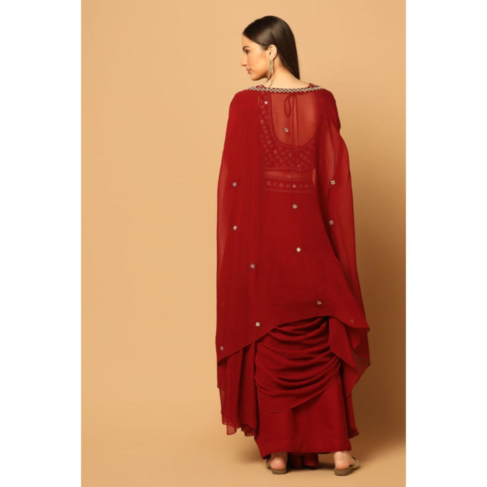 "Two Sisters" by Gyans Maroon Draped Saree with Stitched Blouse with a Cape
