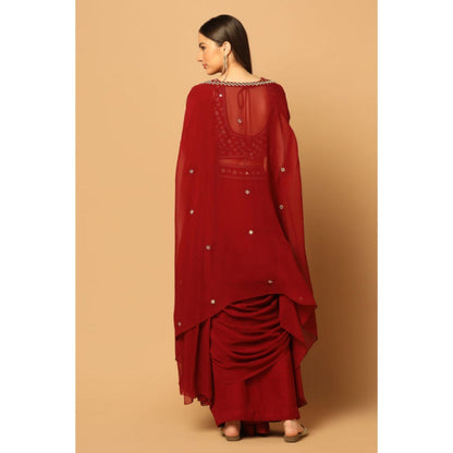 "Two Sisters" by Gyans Maroon Draped Saree with Stitched Blouse with a Cape