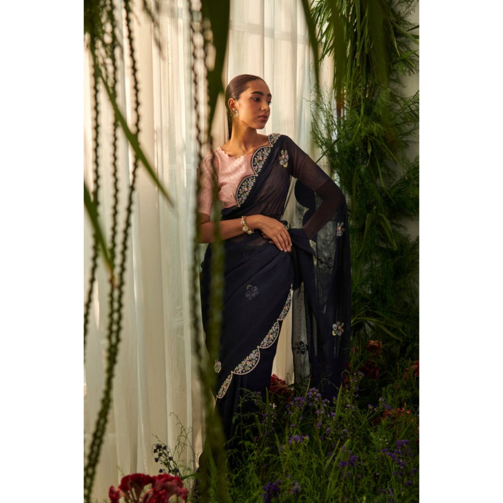 "Two Sisters" by Gyans Navy Blue Bluebell-Inspired Saree with Stitched Blouse