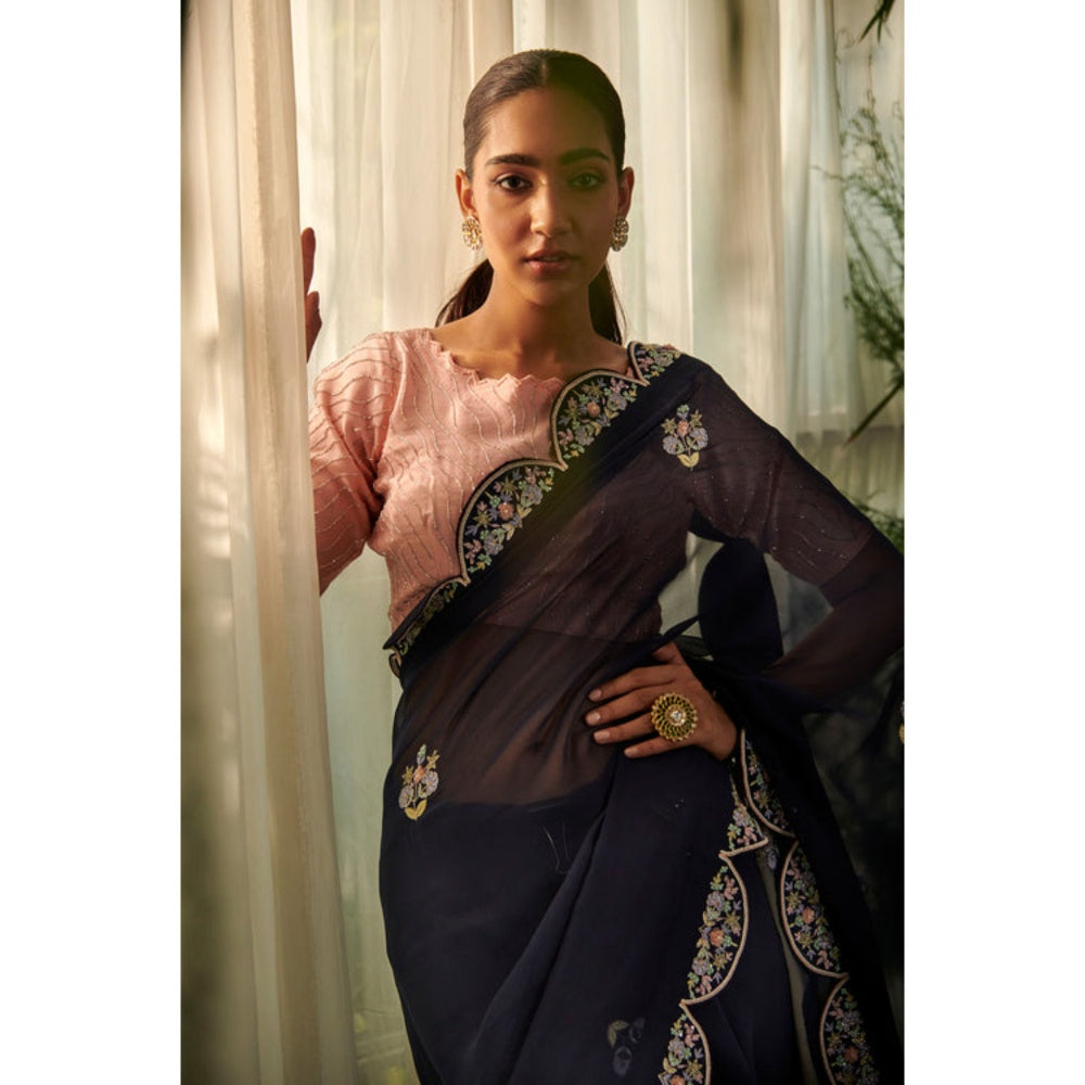 "Two Sisters" by Gyans Navy Blue Bluebell-Inspired Saree with Stitched Blouse