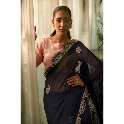 "Two Sisters" by Gyans Navy Blue Bluebell-Inspired Saree with Stitched Blouse