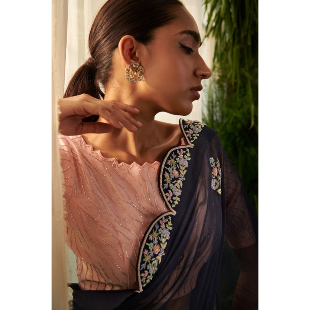 "Two Sisters" by Gyans Navy Blue Bluebell-Inspired Saree with Stitched Blouse