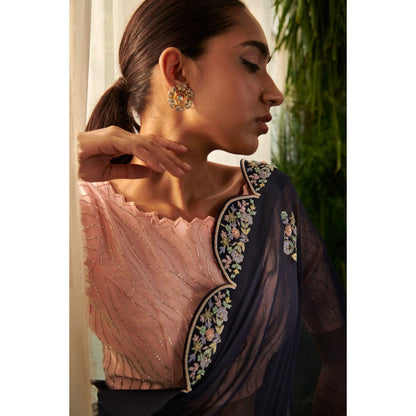 "Two Sisters" by Gyans Navy Blue Bluebell-Inspired Saree with Stitched Blouse