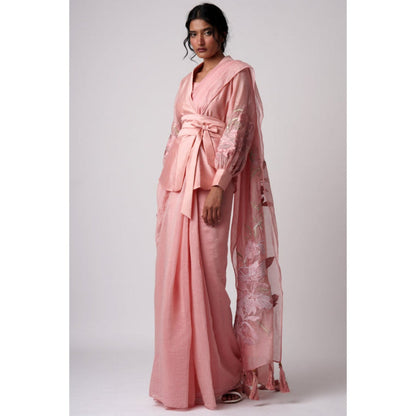"Two Sisters" by Gyans Pink Chanderi Embellished Pre-draped Saree with Stitched Blouse