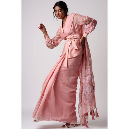 "Two Sisters" by Gyans Pink Chanderi Embellished Pre-draped Saree with Stitched Blouse