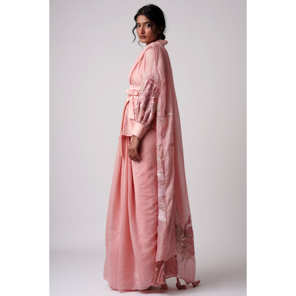 "Two Sisters" by Gyans Pink Chanderi Embellished Pre-draped Saree with Stitched Blouse