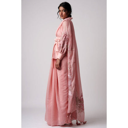 "Two Sisters" by Gyans Pink Chanderi Embellished Pre-draped Saree with Stitched Blouse