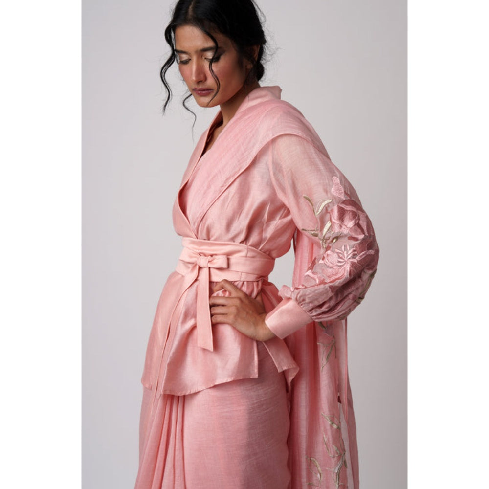 "Two Sisters" by Gyans Pink Chanderi Embellished Pre-draped Saree with Stitched Blouse