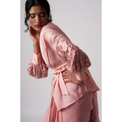 "Two Sisters" by Gyans Pink Chanderi Embellished Pre-draped Saree with Stitched Blouse