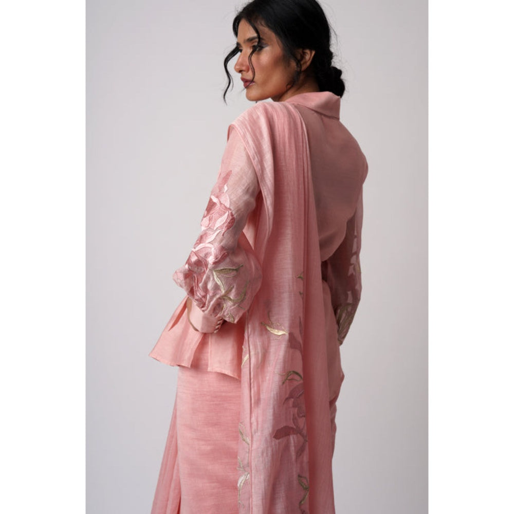 "Two Sisters" by Gyans Pink Chanderi Embellished Pre-draped Saree with Stitched Blouse
