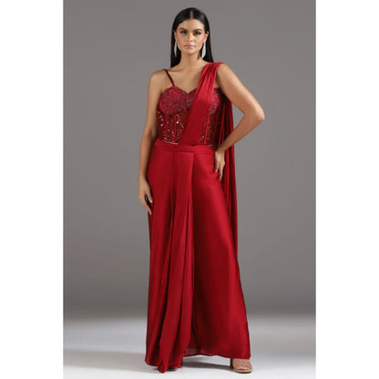 "Two Sisters" by Gyans The Eternal Red Sequinned Pre Draped Saree with Stitched Blouse