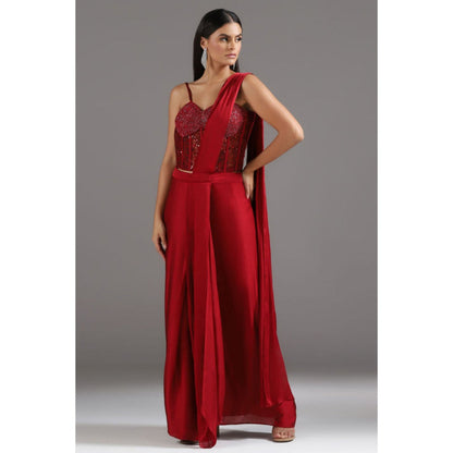 "Two Sisters" by Gyans The Eternal Red Sequinned Pre Draped Saree with Stitched Blouse