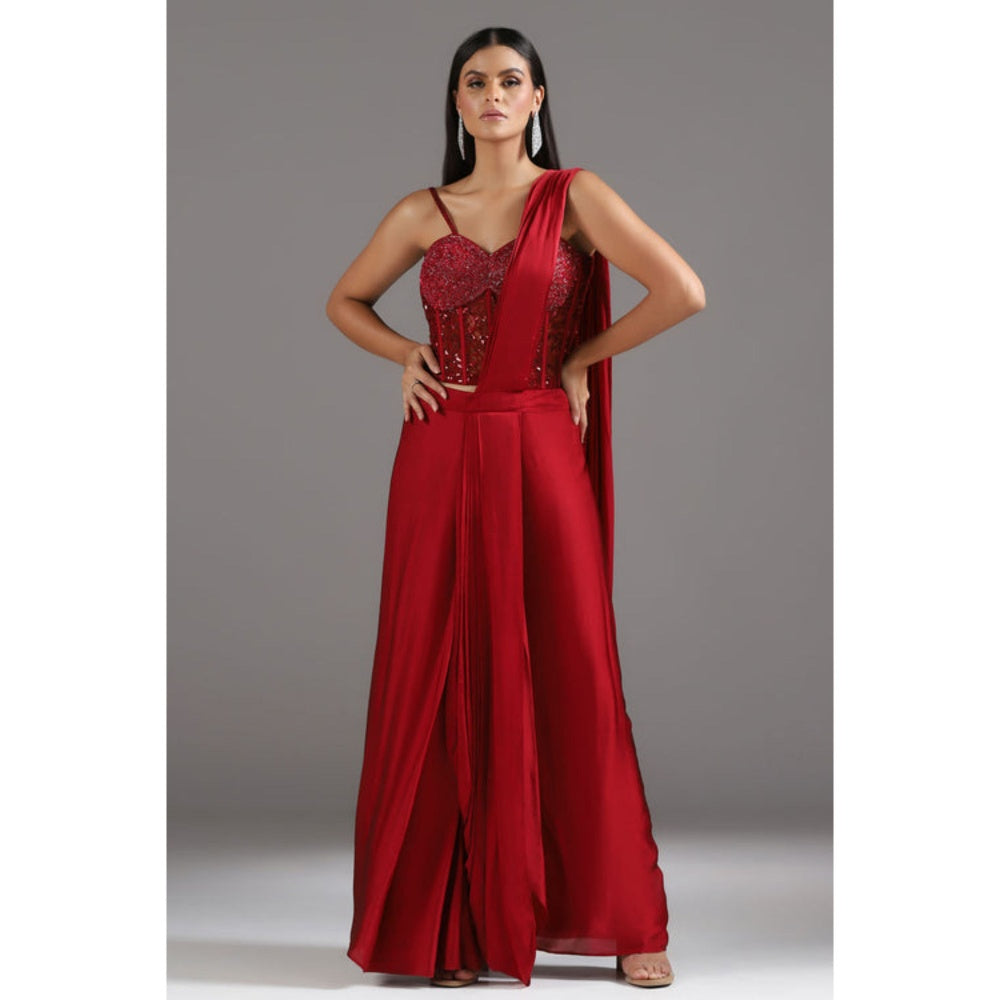 "Two Sisters" by Gyans The Eternal Red Sequinned Pre Draped Saree with Stitched Blouse