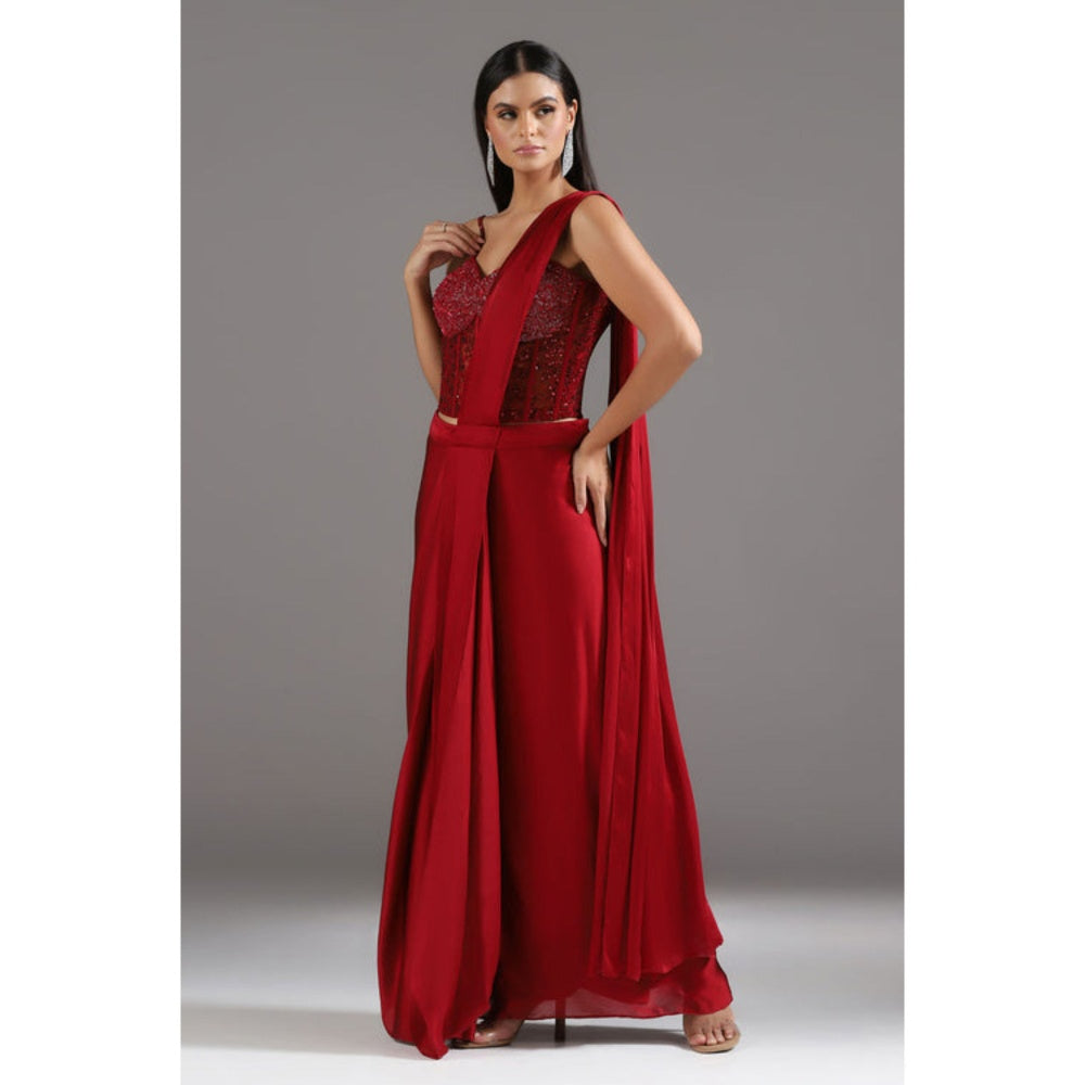 "Two Sisters" by Gyans The Eternal Red Sequinned Pre Draped Saree with Stitched Blouse
