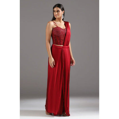 "Two Sisters" by Gyans The Eternal Red Sequinned Pre Draped Saree with Stitched Blouse