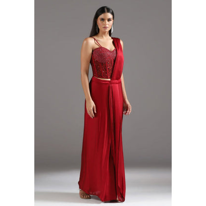 "Two Sisters" by Gyans The Eternal Red Sequinned Pre Draped Saree with Stitched Blouse