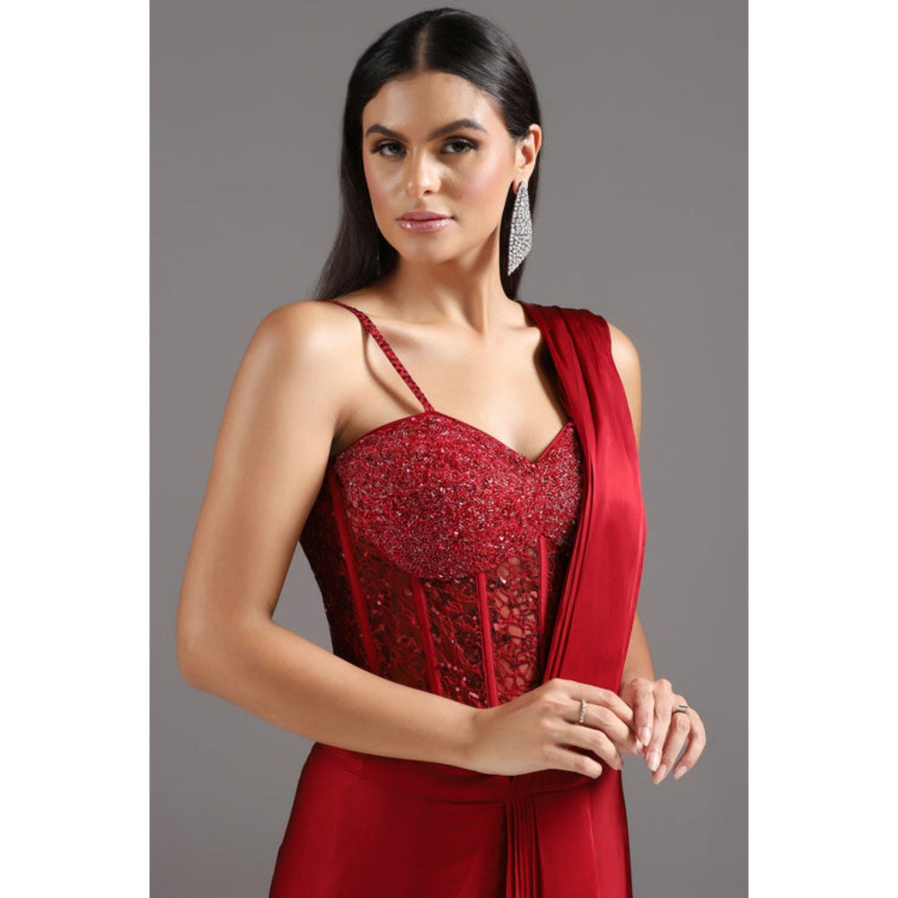"Two Sisters" by Gyans The Eternal Red Sequinned Pre Draped Saree with Stitched Blouse