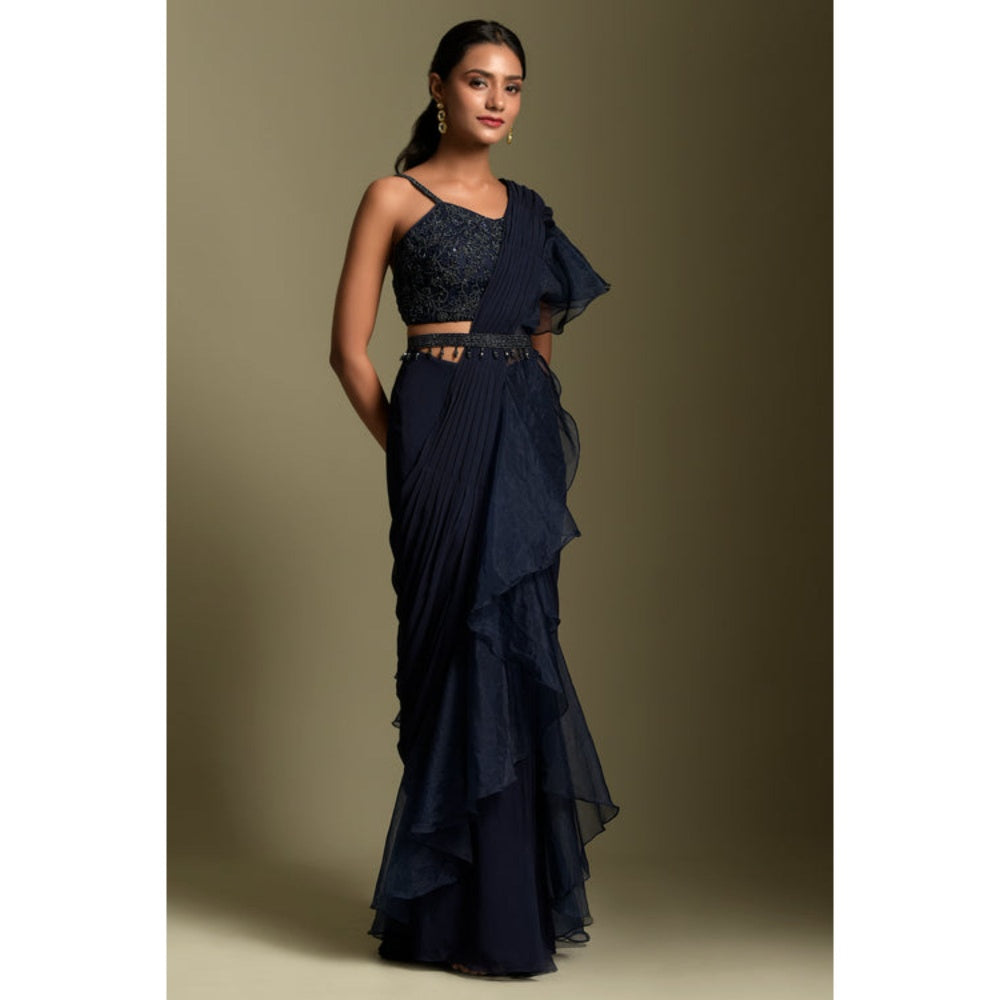 "Two Sisters" by Gyans Navy Blue Georgette Solid/Plain Pre-draped Saree with Stitched Blouse