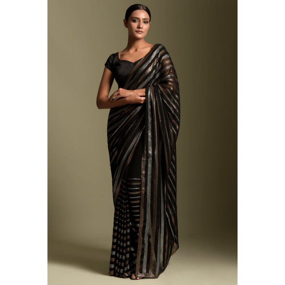 "Two Sisters" by Gyans Black Georgette Stripes Cap Pre-draped Saree with Stitched Blouse